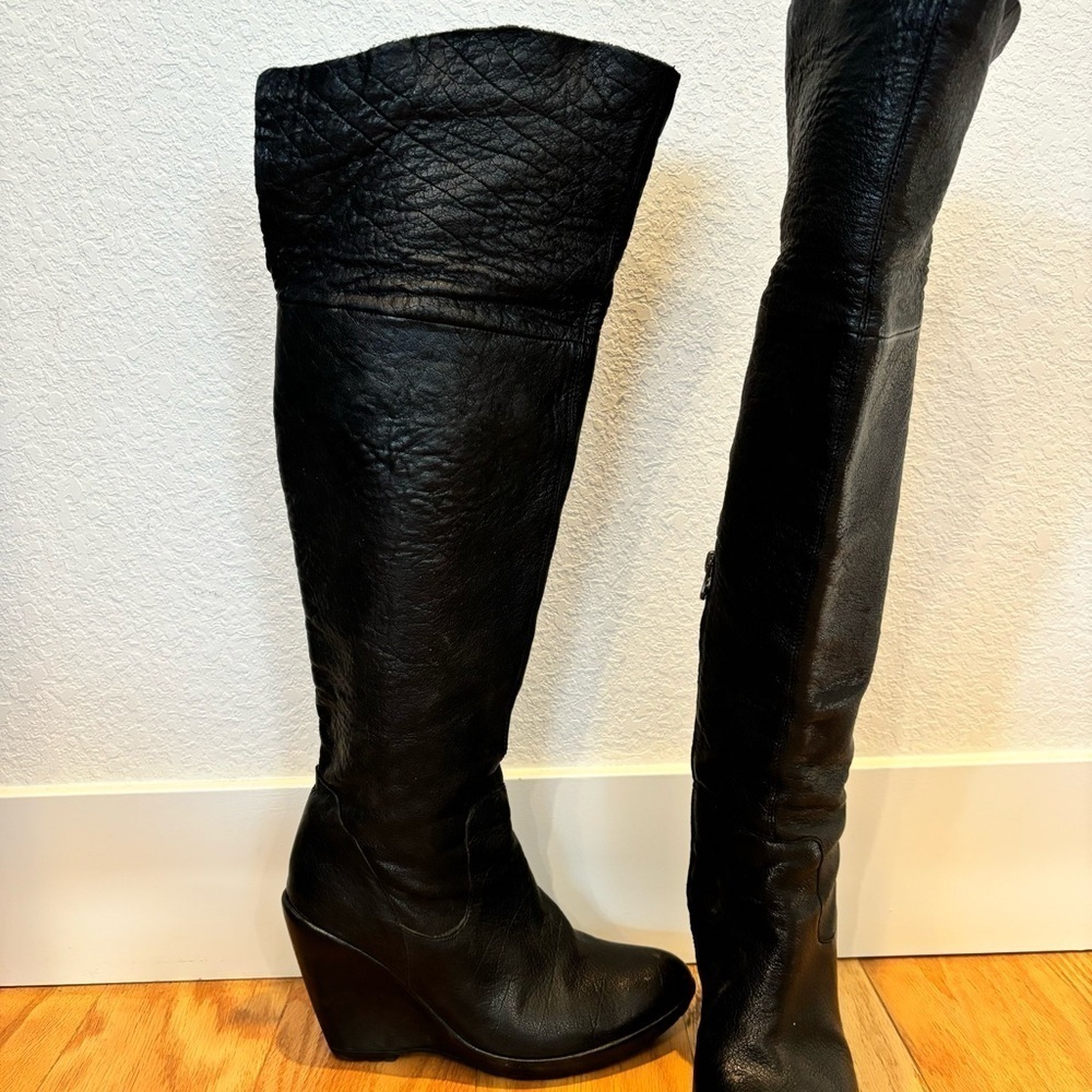 Kork-Ease Adrianne black leather high knee fold over wedge boots - size 8/39‌‌‌‌